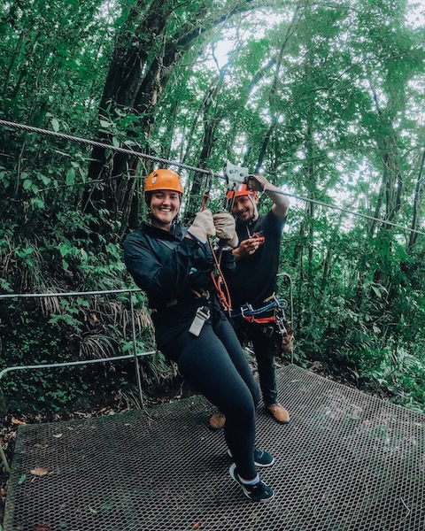 Woman ziplining