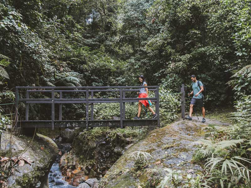 A couple of people that are standing on a bridge.